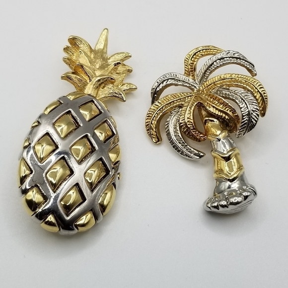 Liz Claiborne Pineapple Brooch Gold Silver Tone Palm Tree Tropical Pin Lot - Picture 13 of 13